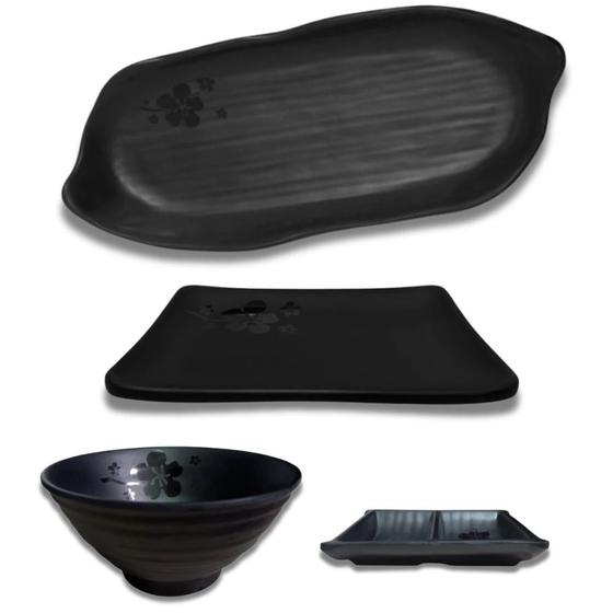 Imagem de Kit com Uma Travessa Folha + Molheira + Tigela 300 Ml + Um Prato de 18 Cm para Comida Japonesa Bestfer