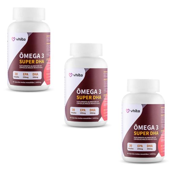 Kit / Combo 3x Ômega 3 Super DHA Vhita TG 1000mg para o cérebro 60 cápsulas Ômega 3 / Óleo de