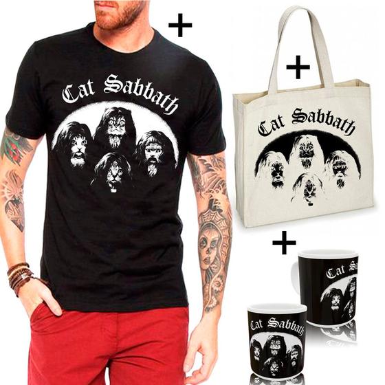 Imagem de Kit Combo Camiseta Black Sabbath, Cat Sabbath+ Sacola Ecobag+Caneca