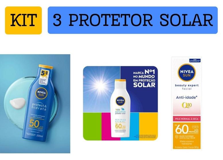 Imagem de Kit Combo Protetor Solar FPS50 200ml + FPS60 kids 100ml + Protetor facial FPS50 60G Q10 3 itens