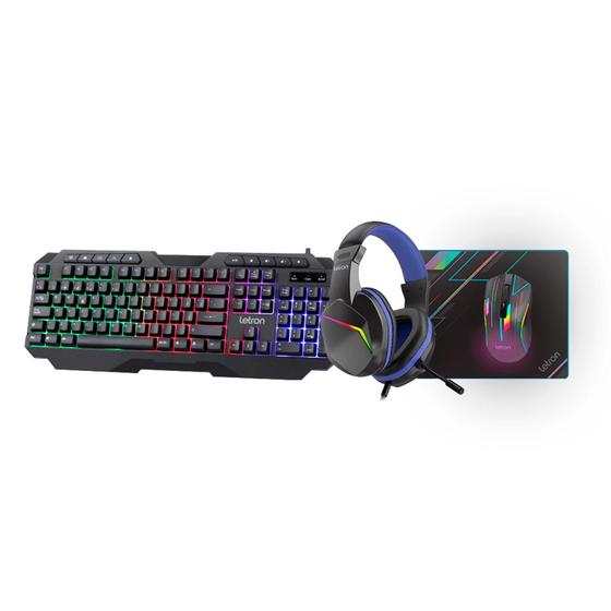 Imagem de Kit Combo Teclado Headset Mouse Mouse Pad Gamer 4 Em 1 Led RGB Preto Letron - Leonora