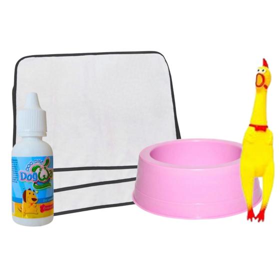 Imagem de Kit Comedouro Pet + Xixi Sim 20ml + Brinquedo Pet Frango Barulhento + 6 Tapetes Higiênicos Pet