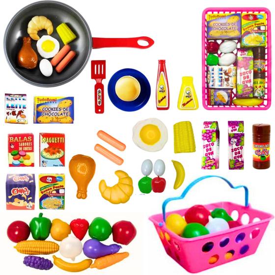Imagem de Kit Comidinhas de Brinquedo Cestinha de Frutas e Legumes Mini Mercadinho E Frigideira Kit 47 Peças