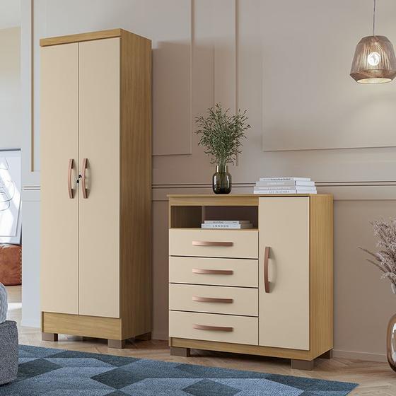 Imagem de Kit Cômoda Sapateira 1 Porta 4 Gavetas Porto Belo Com Multiuso Cairo 2 Portas Carvalho I01 Off White Clique Chique