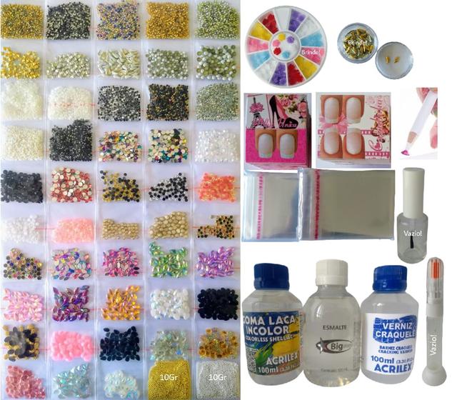 Imagem de Kit Completo 10.000 Pedrarias Joias de Unhas 20 Gr. Caviar Metal Cartões Base Goma Verniz-ref. 10000