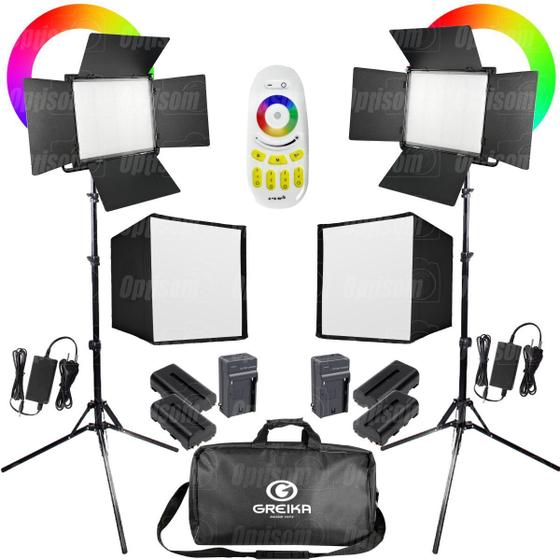 Imagem de Kit Completo 2 Iluminador Led Bicolor Rgb 60w Greika Com Baterias Softbox L5500rp