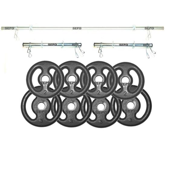 Kit Completo 3 Barras + 6 Presilhas + 20 Kg de Anilhas Menor preço em Kit Completo 3 Barras + 6 Presilhas + 20 Kg de Anilhas