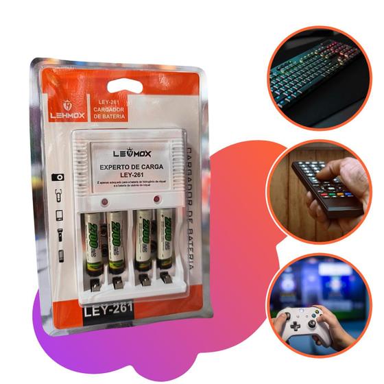 Kit Completo Carregador Inteligente+4 Pilhas Recarregáveis AAA Palito Menor preço em Kit Completo Carregador Inteligente+4 Pilhas Recarregáveis AAA Palito