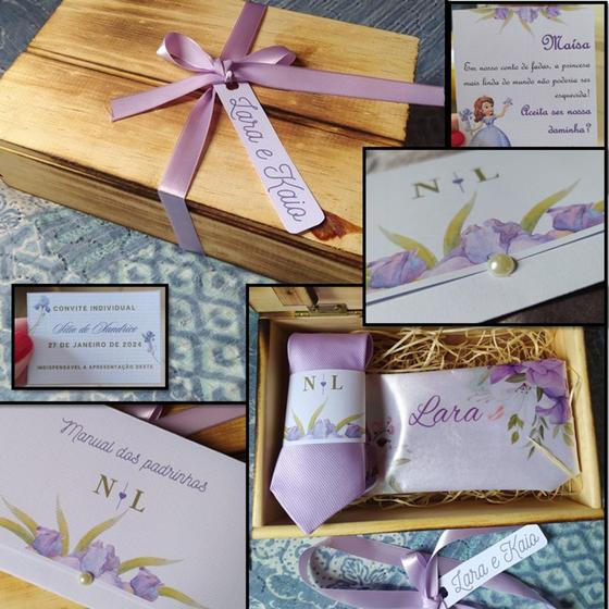 Imagem de Kit completo casamento - caixinha padrinhos + 100 convites + convite individual + daminhas LAVANDA