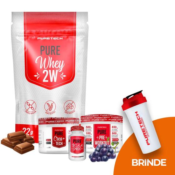 Imagem de Kit Completo com Whey 2W Chocolate + Pré Treino Uva + BCAA + Creatina + Coqueteleira - PureTech