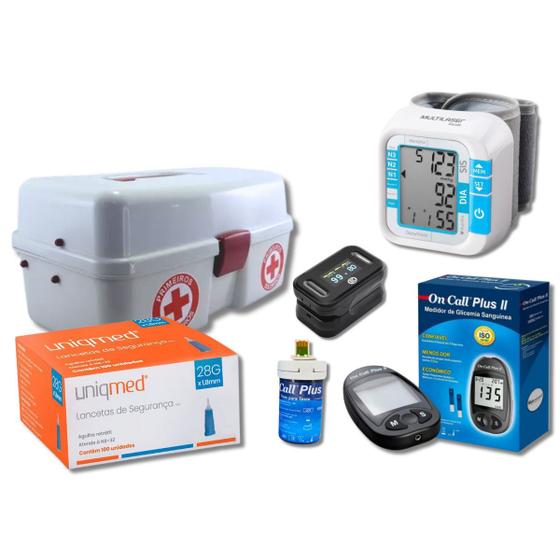 Imagem de Kit Completo de Diabetes com Maleta + Medidor + Lancetas + Tiras + Oxímetro + Aparelho de Pressão