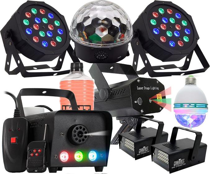 Imagem de Kit Completo De Iluminação Para Festa Total 9x1 Laser Fumaça De Fumaça Strobo Rgb Globo Giratorio