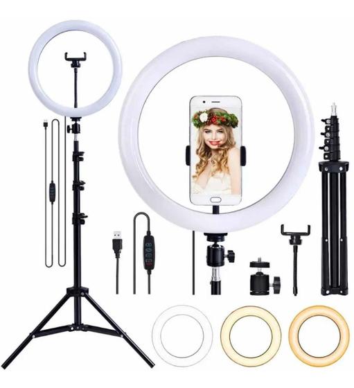 Imagem de Kit Completo Iluminador Ring Light 26cm 10p C/ Tripé 2mt Dimmer Youtuber Selfie Profissional