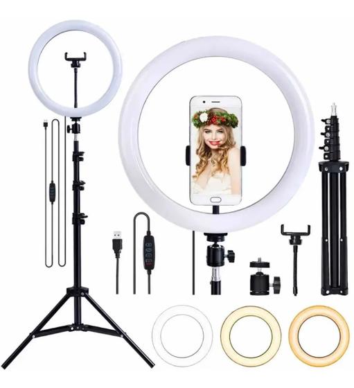 Imagem de Kit Completo Iluminador Ring Light 26cm com Tripé 2,1mt Dimmer Youtuber Selfie Profissional