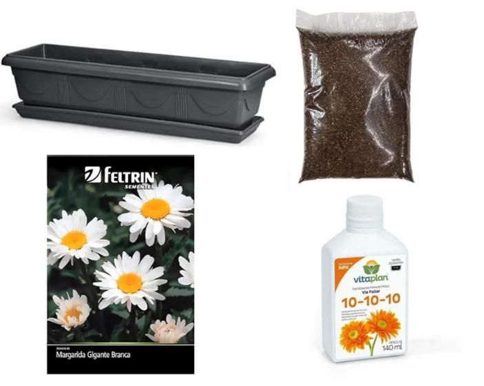 Imagem de Kit Completo - Jardineira + Substrato Terra Vegetal + Semente Margarida + Fertilizante