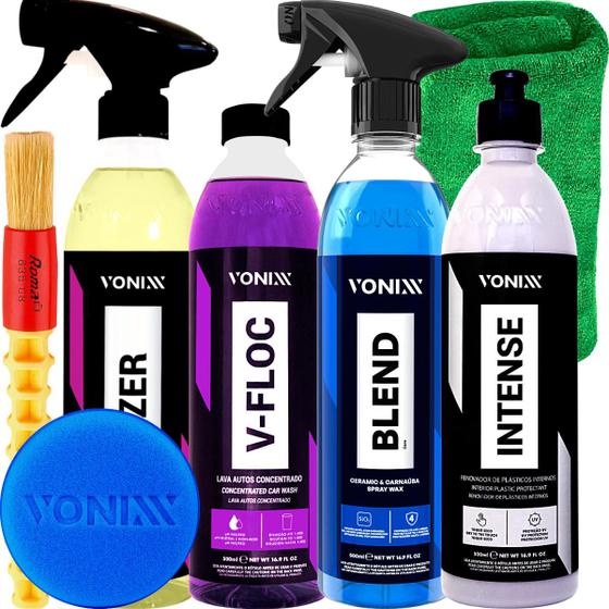 Imagem de Kit Completo Limpeza Automotiva Shampoo V-Floc Cera Liquida Blend Revitalizador Intense Descontaminante Izer Pano Aplicador Pincel Vonixx