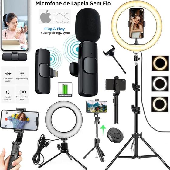 Imagem de Kit Completo Luz Led Tripé Microfone Sem Fio para Iphone Gravação Vídeo Profissional Celular