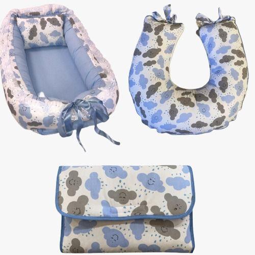 Imagem de Kit Completo Ninho de bebê  + Almofada de Amamentação + Trocador Portátil - Nuvem Azul
