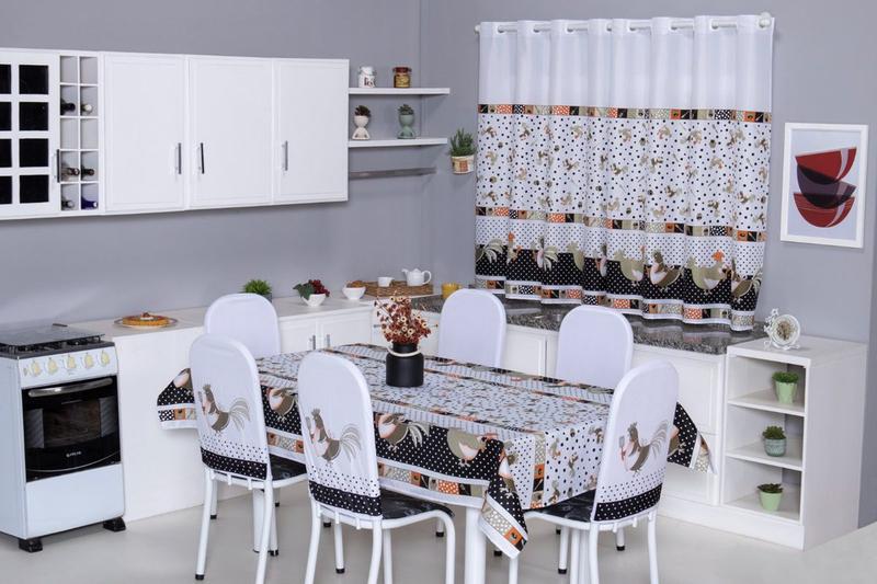 Imagem de Kit Completo para Cozinha 6 Peças Cortina 2m + Toalha de Mesa 4 Lugares + Capas de Cadeira Tubular Estampa Divertida