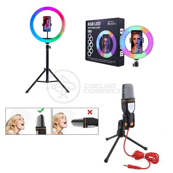 Imagem de Kit Completo Podcaster - Ring Light RGB com Suporte de Celular + Microfone SF-666 + Tripé de 1,5m