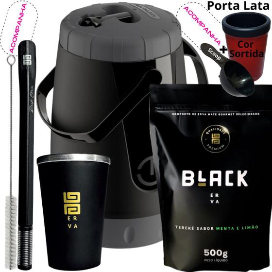 Imagem de Kit Completo Tereré Garrafa Pávia + Black Erva Mate + Copo Térmico de Alumínio + Bomba Inox Mola