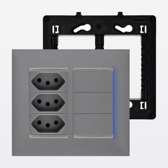 Imagem de Kit Completo Tomada Triplex Com 3 Interruptor Simples Com Led Legrand PIAL Plus+