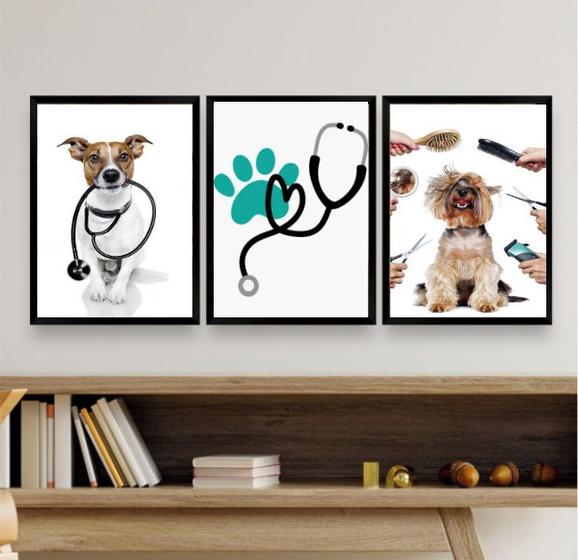 Imagem de Kit Composição 3 Quadros Clinica veterinária Pet Shop 24x18cm - com vidro