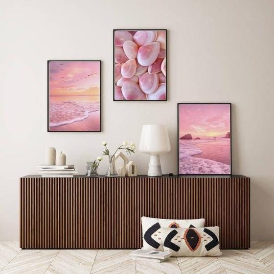 Imagem de Kit Composição 3 Quadros Fotografias Praia Mar Rosa 24X18Cm