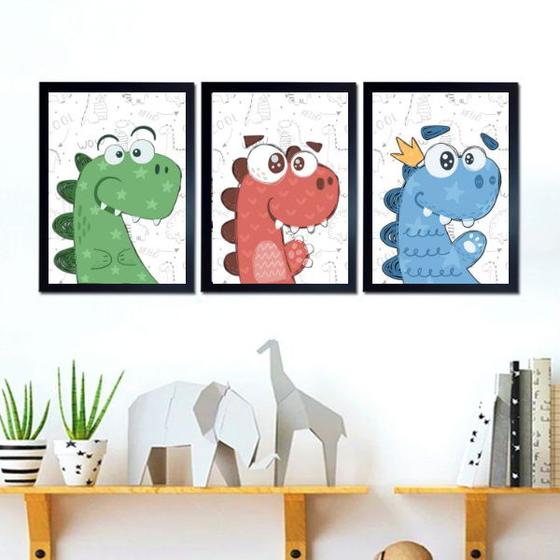 Imagem de Kit Composição 3 Quadros Infanto Juvenil Dinossauros 45x34cm - com vidro