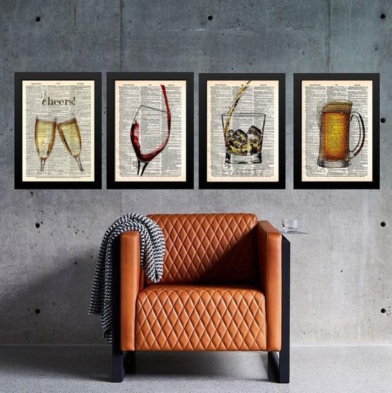 Imagem de Kit Composição 4 Quadros Vintage Bar - Bebidas 33x24cm - com vidro