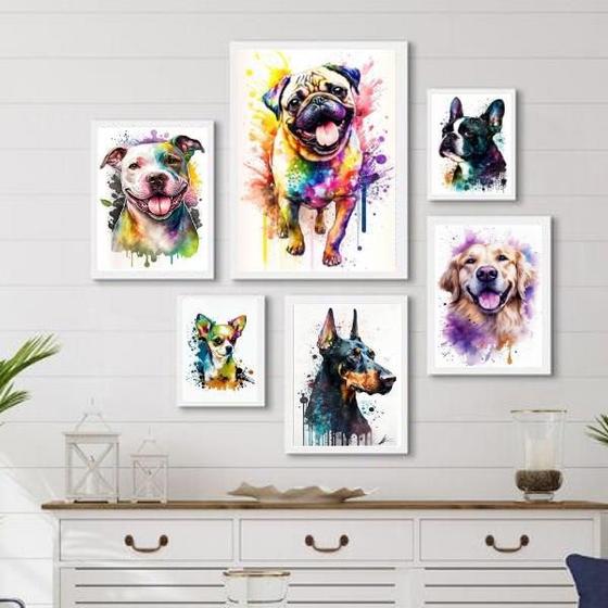 Imagem de Kit Composição 6 Quadros Cães Raças Diversas - Com Vidro