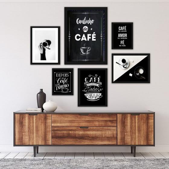 Imagem de Kit Composição 6 Quadros Cantinho Do Café Preto E Branco - com vidro