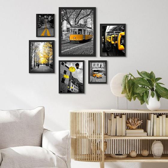 Imagem de Kit Composição 6 Quadros Fotografias Cidades Amarelo e preto