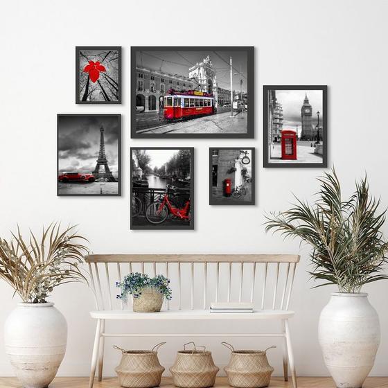 Imagem de Kit Composição 6 Quadros Fotos Cidades Vermelha - com vidro