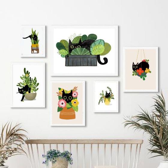 Imagem de Kit Composição 6 Quadros Gatinho Com PlantasEFlores - com vidro