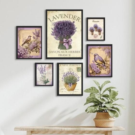 Imagem de Kit Composição 6 Quadros Lavanda E Pássaros - Com Vidro