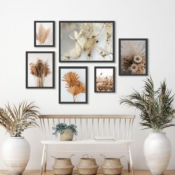 Imagem de Kit Composição 6 Quadros Neutros Folhas E Flores Secas - com vidro