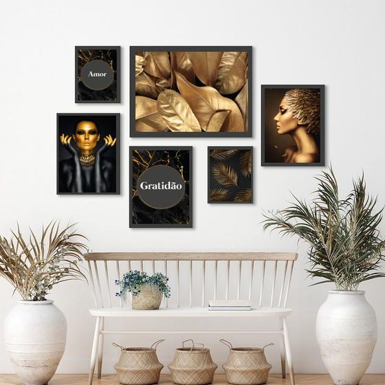 Imagem de Kit Composição 6 Quadros Pretos Com Dourados Mármore