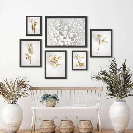 Imagem de Kit Composição 6 Quadros Suaves Flores Branco Com Dourado - com vidro