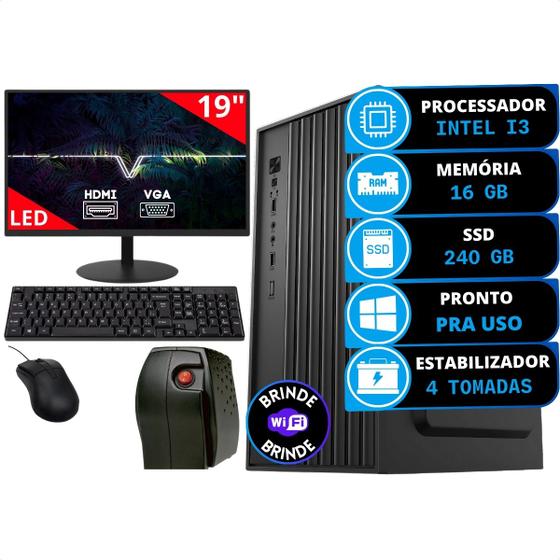 Imagem de Kit Computador Completo Intel I3 16gb Ssd 240gb Combo Monitor e Estabilizador