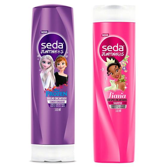 Imagem de Kit Condicionador Infantil Juntinhos Frozen e Shampoo Infantil Seda Juntinhos Tiana 300ml cada
