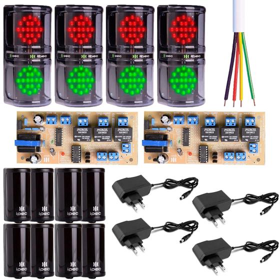 Imagem de Kit Condominio 4 Semaforo de Led + 4 Sensor de Barreira + 2 Controlador + 4 Fonte 12V + 200 metros Cabo 4 Vias