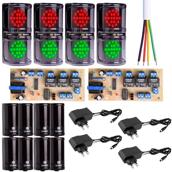 Imagem de Kit Condominio 4 Semaforo de Led + 4 Sensor de Barreira + 2 Controlador + 4 Fonte 12V + 200 metros Cabo 4 Vias