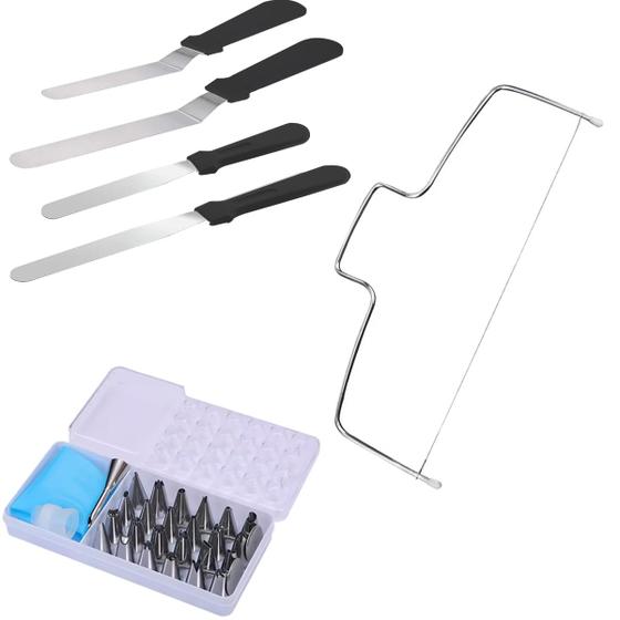 Imagem de Kit Confeitar com Nivelador para Bolos 4 Espátulas 24pcs Bicos Inox Utensílios Decorativos para Confeitaria