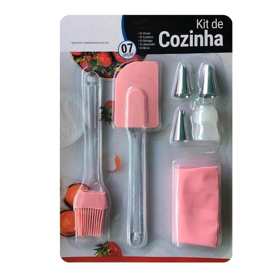 Imagem de Kit Confeiteiro Pincel Espatula Bisnaga Adaptador Bicos Rosa