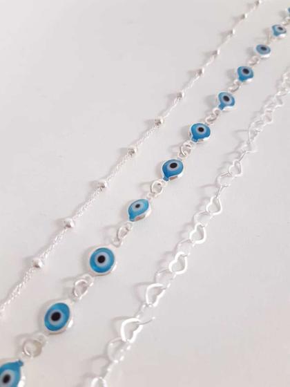 Imagem de Kit Conj. 3 Pulseira Bolinha Coração Olho Grego Prata 925