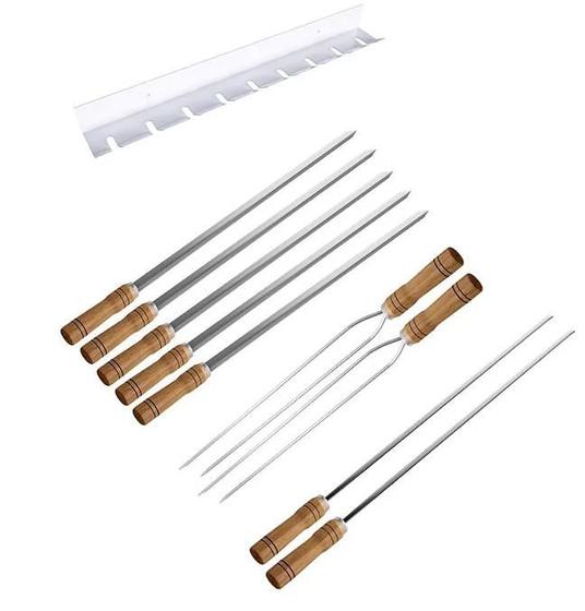 Kit Suporte + 5 Espetos Simples + 2 Duplos + 2 Coração Cabo Madeira 60cm Qualinox