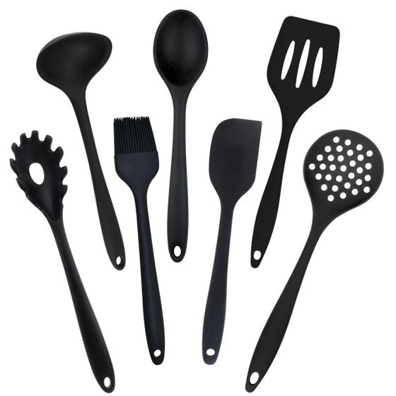 Imagem de Kit Conjunto 07 Peças de Talheres Silicone  Preto Utensilio Para Cozinha