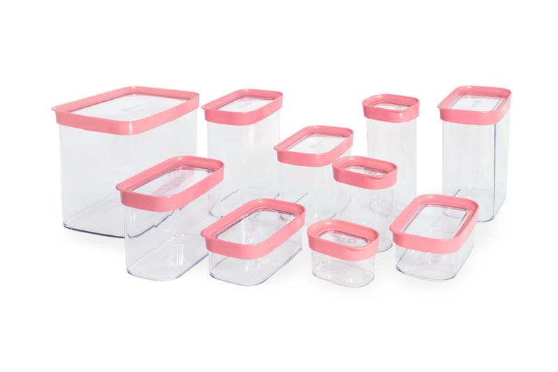 Imagem de Kit conjunto 10 potes herméticos de acrílico para  mantimentos com tampas rosa