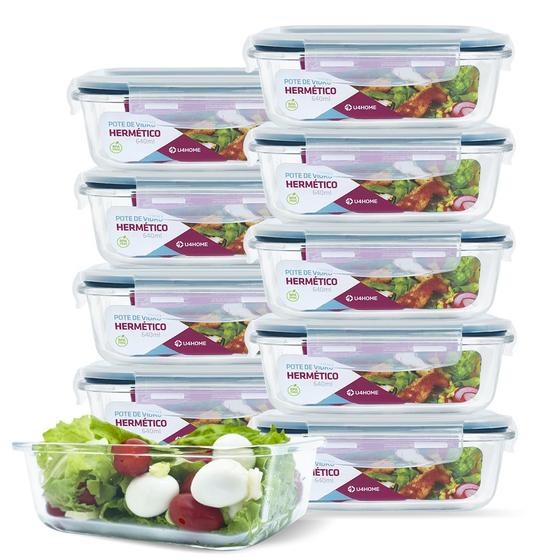 Menor preço em Kit Conjunto 10 Potes Vidro Hermético Tampa Plástico Marmita Mantimentos 640ml